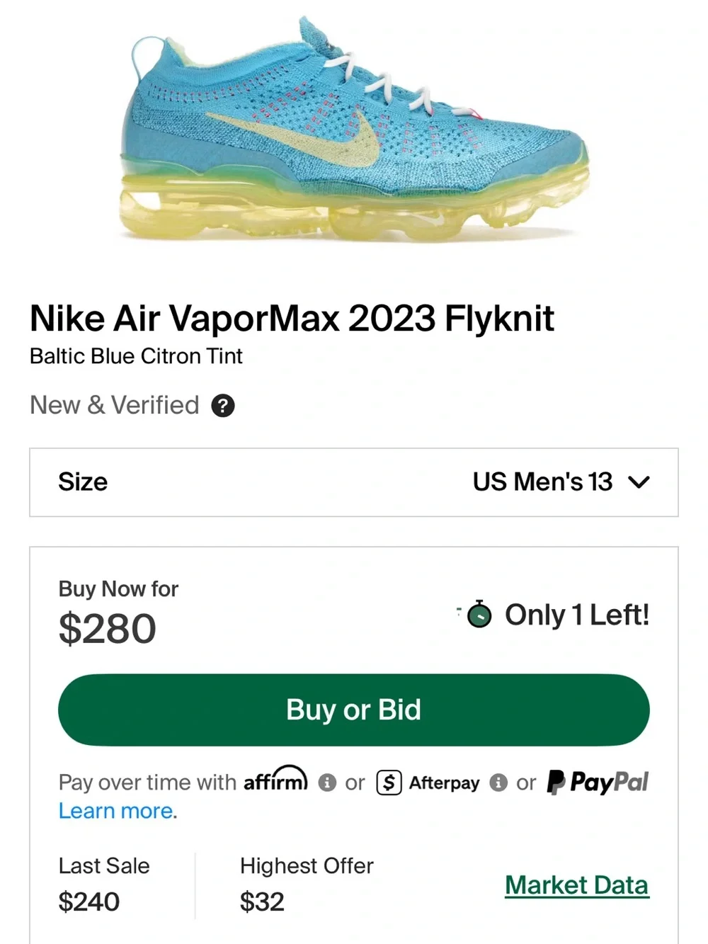 Nike Air VaporMax 2023 FlyKnit “Baltic Blue Citron Tint” Men’s Size 13